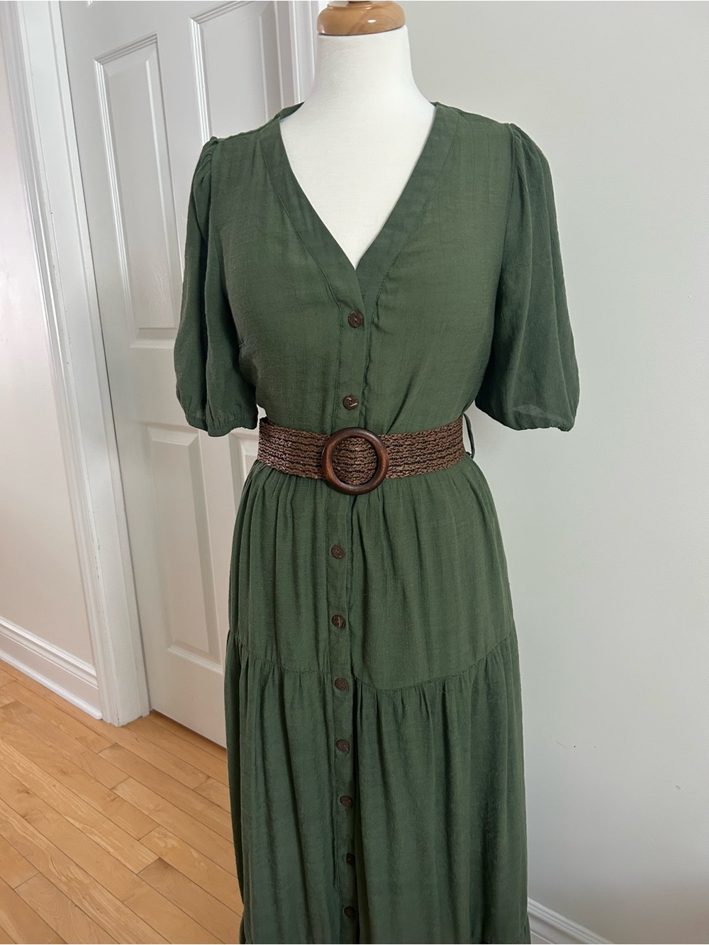 V-Neck Olive Button-Front Maxi Dress with Woven Belt